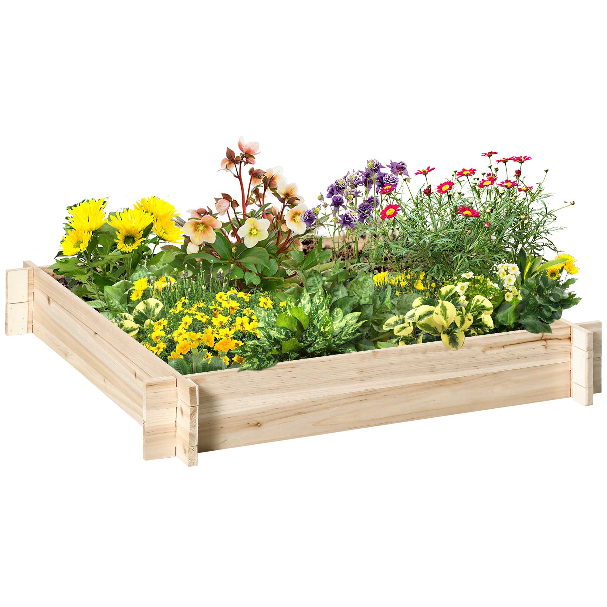 Vaso de madeira quadrado Outsunny Urban Garden para cultivo de plantas, flores e ervas em terraços, 100x100x16 cm, cor natural.
