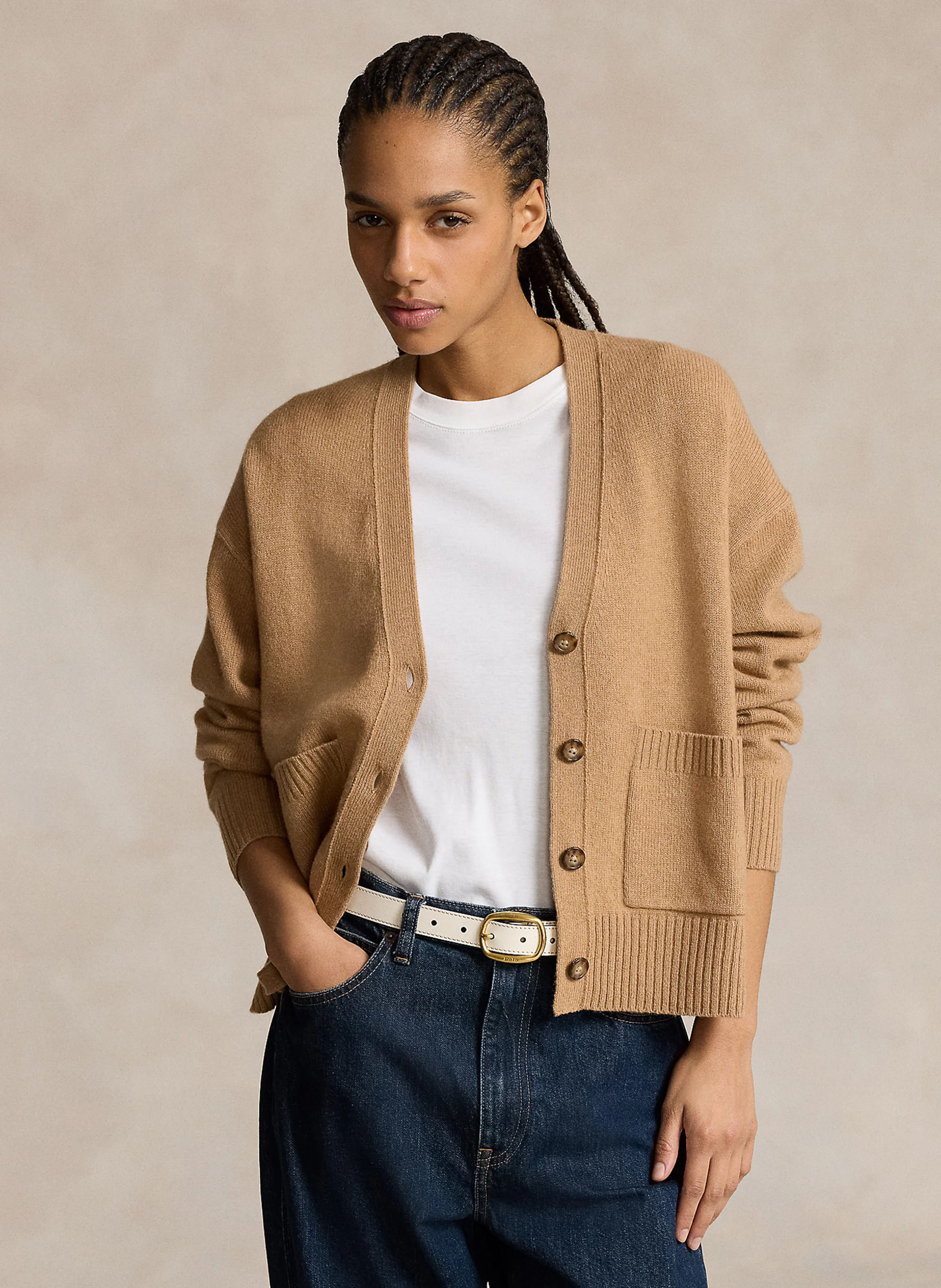 Gilet droit col V en laine et cachemire mélangé | Beige