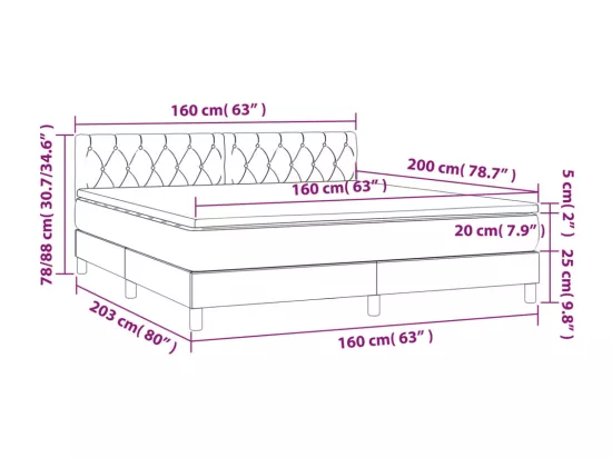 Sommier tapissier matelas et LED Gris clair 160x200 cm Tissu