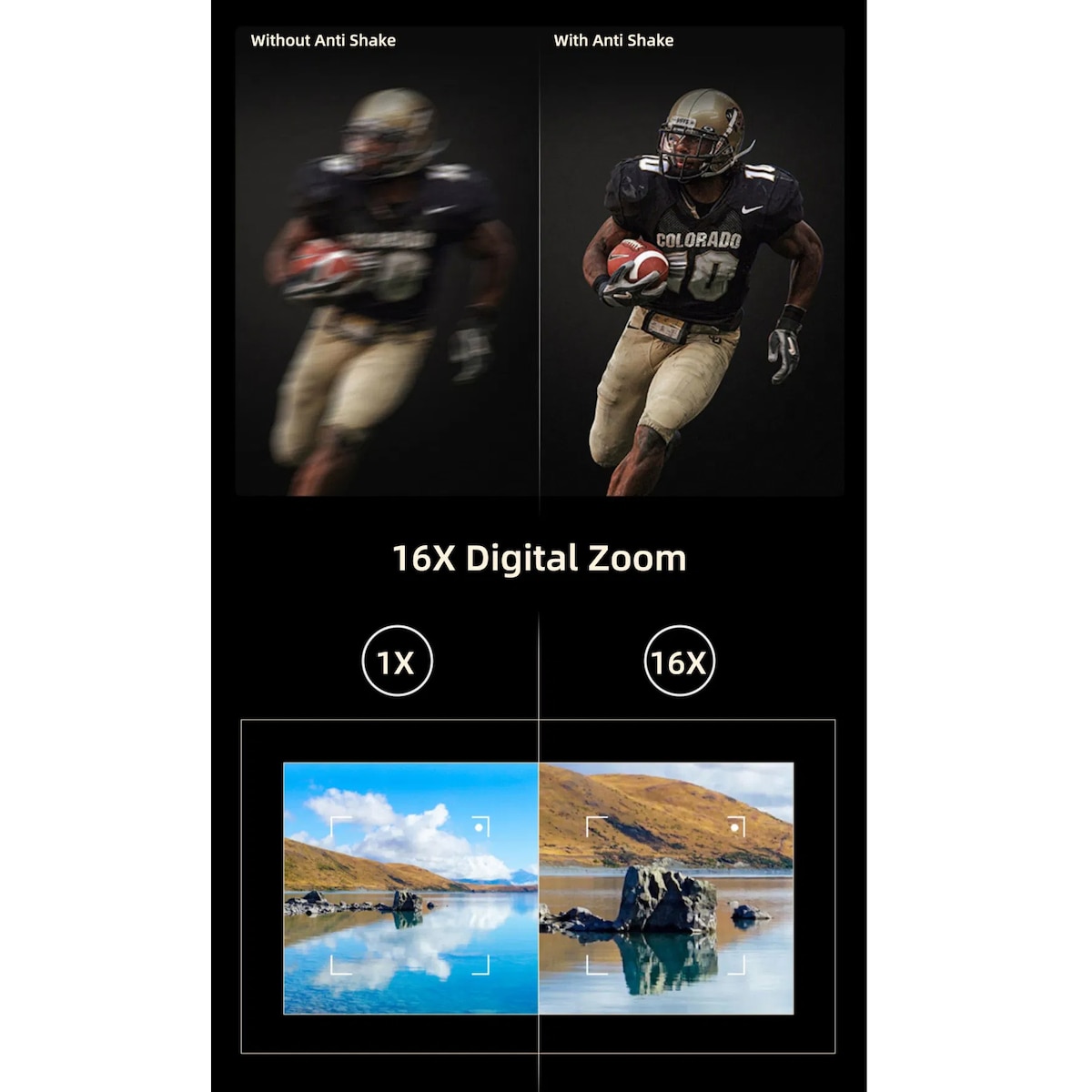 Digitalkamera med 24 MP, HD 1080p og 16x zoom, sort