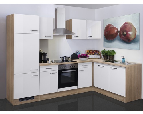 Flex Well hoekkeuken met Valero apparatuur, 280 cm, wit hoogglans, gedemonteerd, omkeerbare uitvoering 00008301