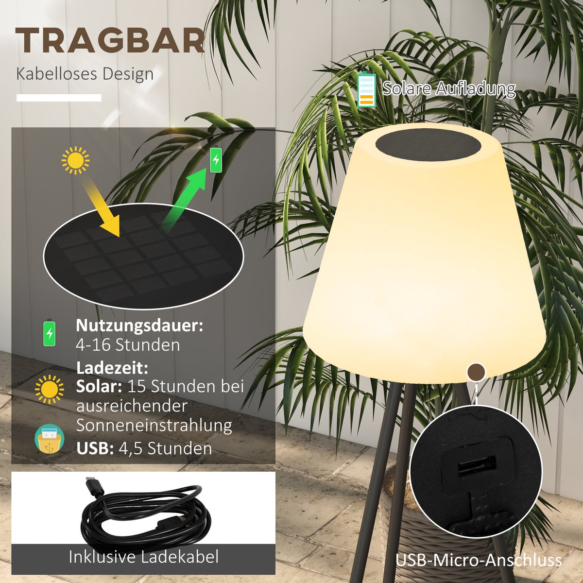 Outsunny Solar Vloerlamp Buiten Vloerlamp, 38cm x 38cm x 137cm, Aluminium, Dimbaar Warm Wit + Zwart
