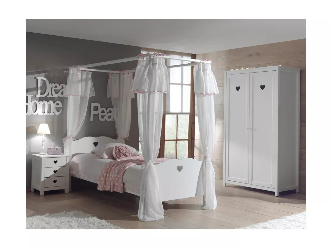 MILADY - Lit à Baldaquin 90x200cm et Rideaux + Chevet + Armoire 2P