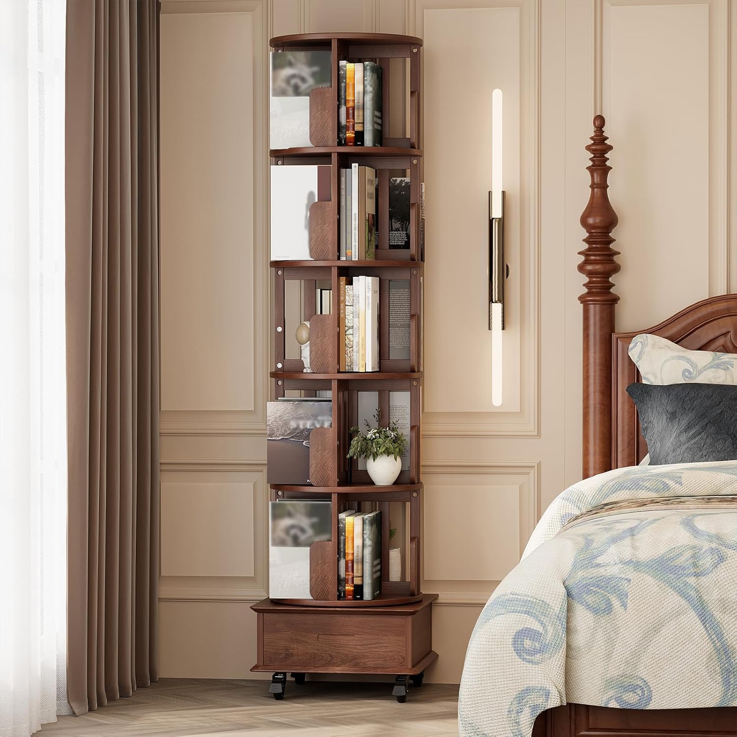 Drehbares Bücherregal aus Massivholz mit 1 Schublade, Rollende Bücherregale auf Rädern, Platzsparendes Drehendes Bücherschrank Turm für Wohnzimmer, Schlafzimmer, 185 x 47,5 x 47,5 cm, Walnuß