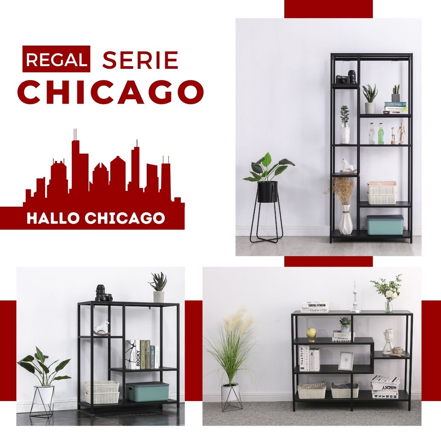 Coemo Regal Chicago M Raumteiler 120x35x100cm Metall 5 Ablageflächen schwarz