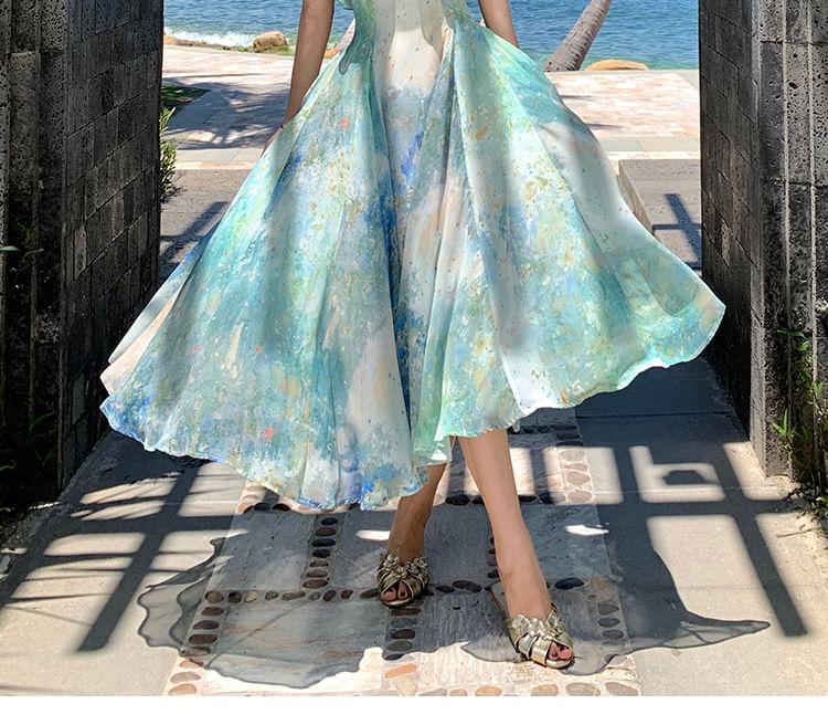 BOHEME - Spaghettibandjes Tie Dye Ruffle Trim Midi A-lijn Jurk