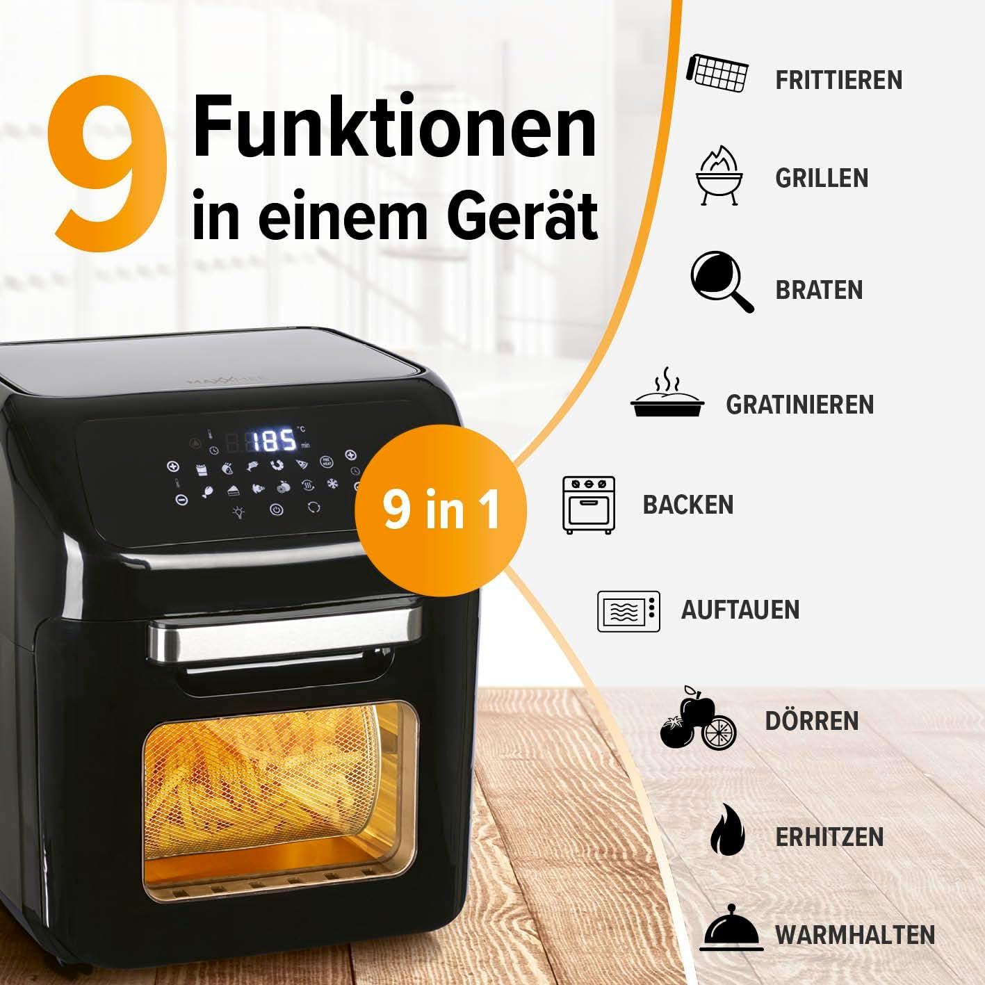 MAXXMEE Heißluft-Fritteuse Digital | Heißluftfritteuse XXL 12L bis zu 1,8kg Pommes | 3in1 Heißluftofen, Grill und Fritteuse | Fett- und geruchsarme Zubereitung mit Heißluft-Zirkulation [schwarz]
