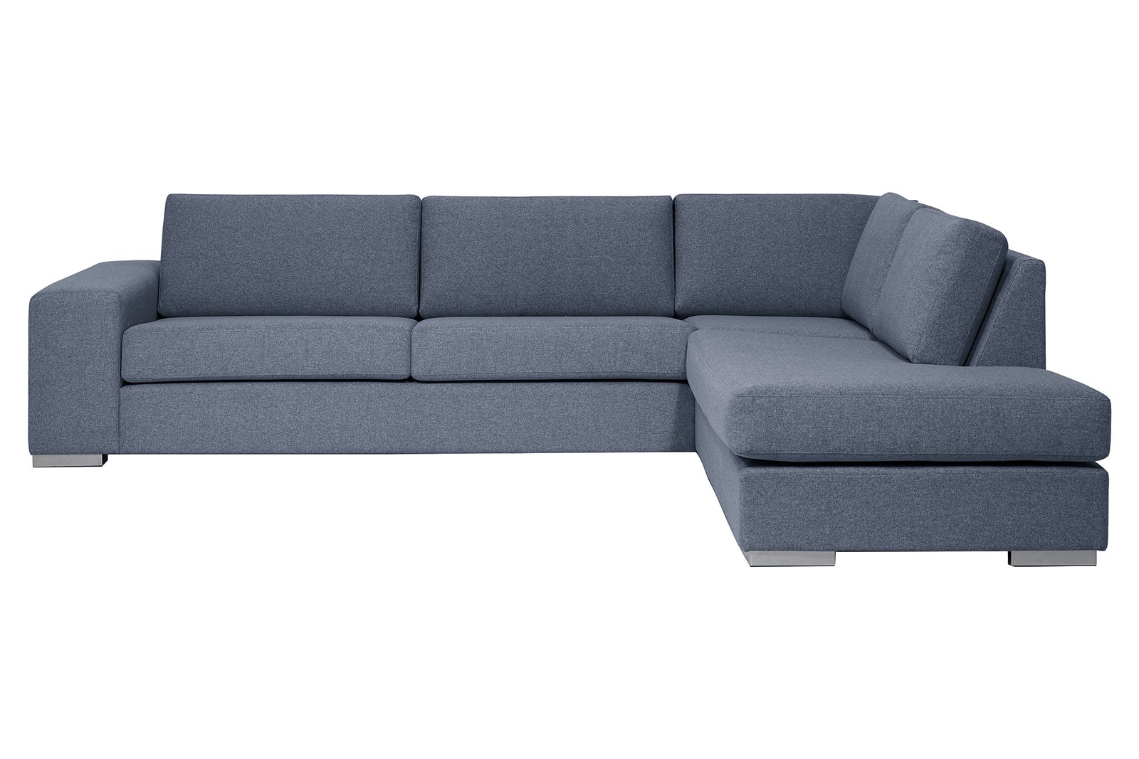 Modern Living hjørnesofa 3-seter med åpen ende høyre. I tekstil Solid 74 blå med arm B og 4,5cm aluminiumsben.