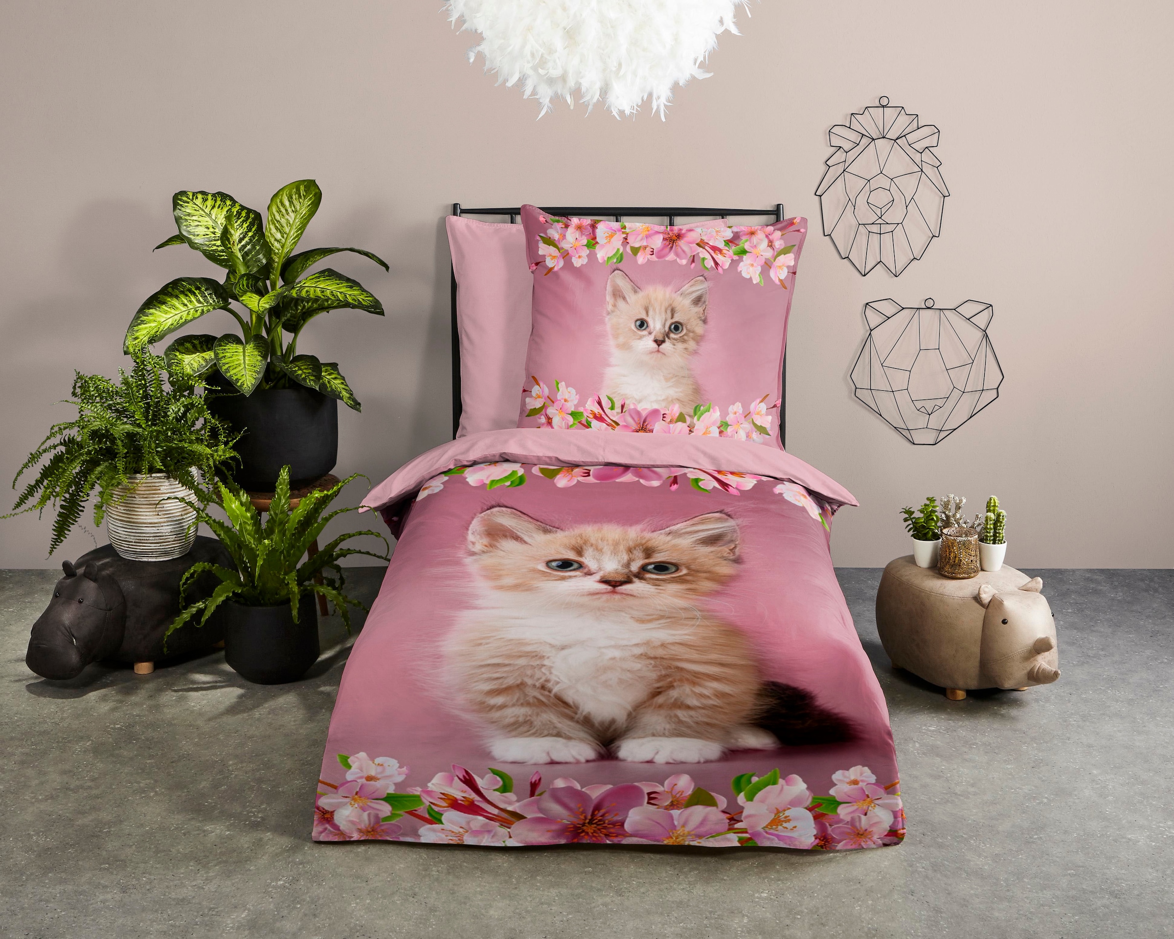 good morning Kinderbettwäsche »Century« 2 Stk. tlg. Baumwolle, 135x200, Reissverschluss, Wende, Kind, Mädchen, Katze, Rosa