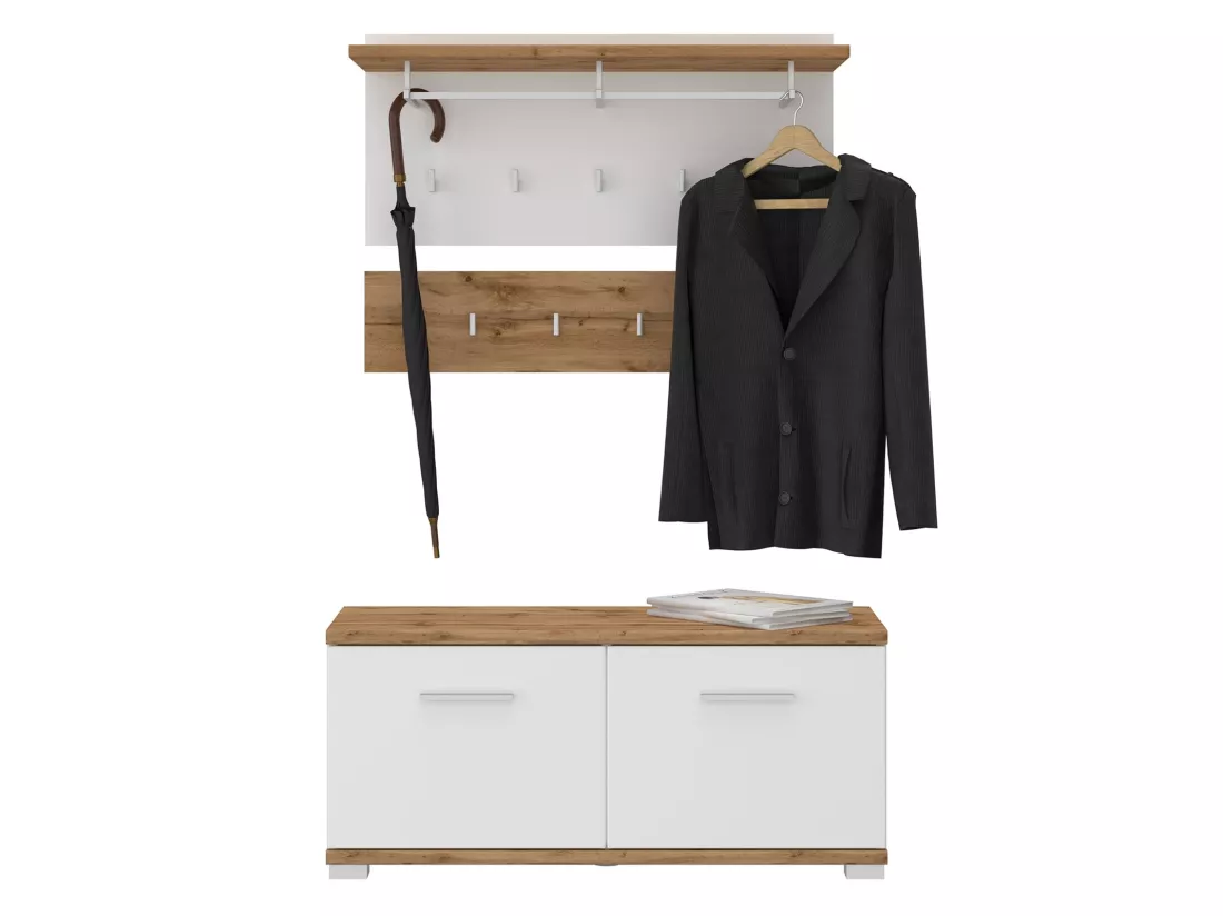 Ensemble banc de rangement à chaussures et porte manteau mural VIELLA en mélaminé couleur chêne wotan et blanc