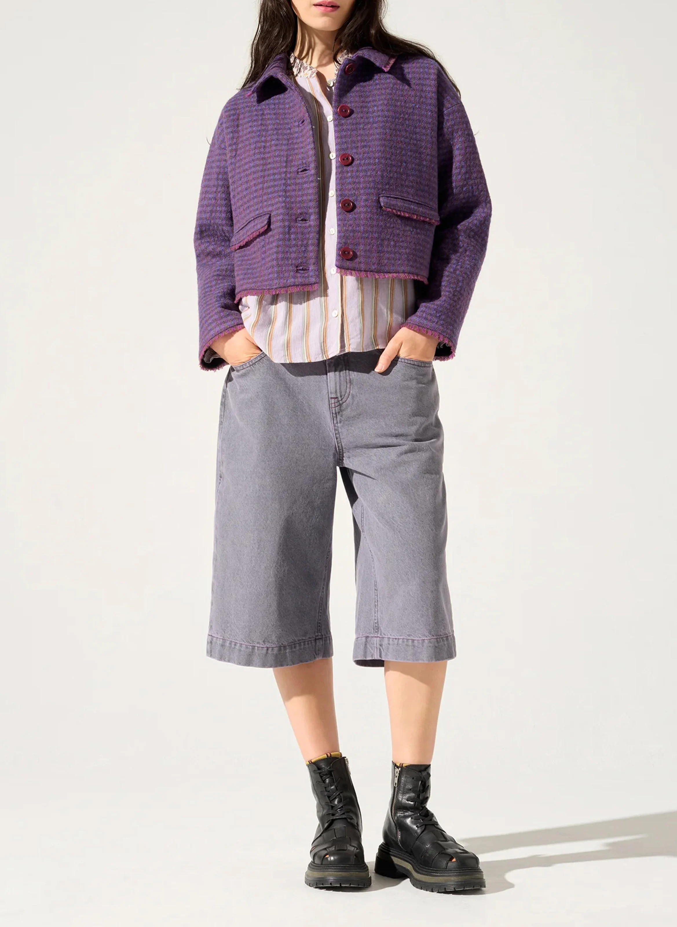 Veste courte imprimée en laine| Violet