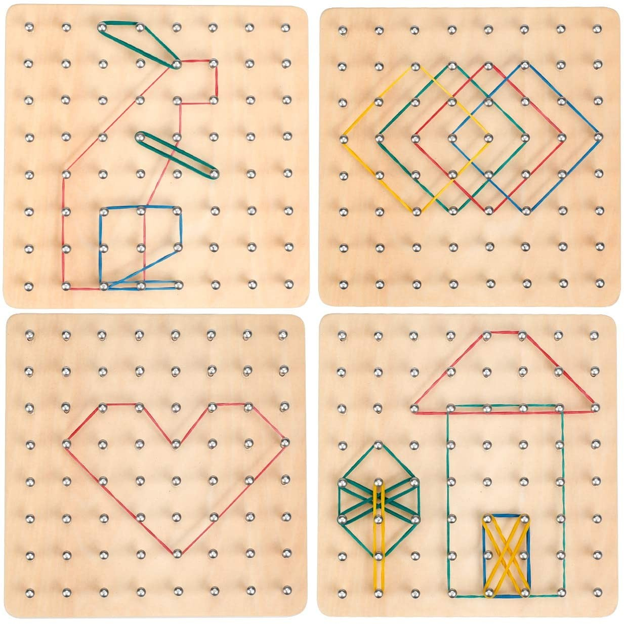 (81-tlg. Set) Kinder Lern Spielzeug Gummibänder   Formen Holzplatte - Braun / Rot / Blau / Gelb / Grün
