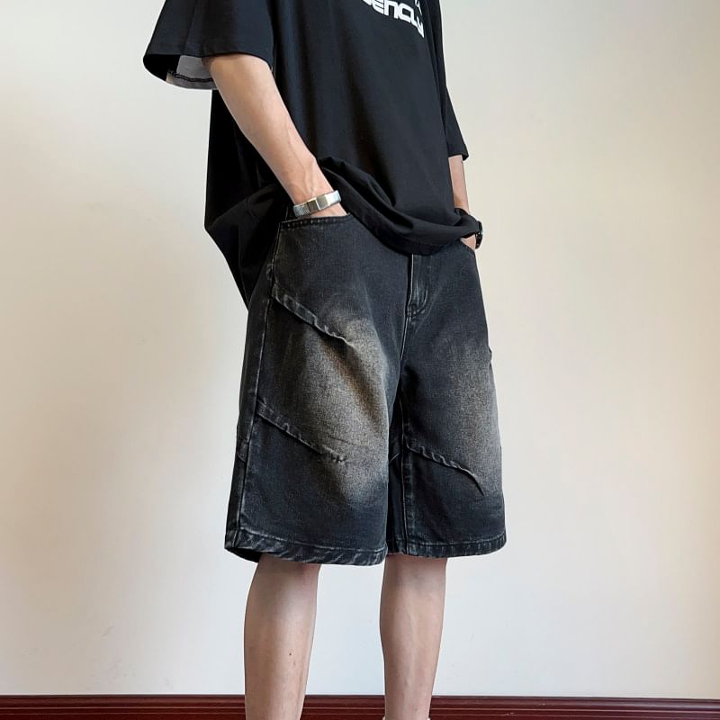 Kimeya - Mid Rise Washed Wide Leg Denim Shorts