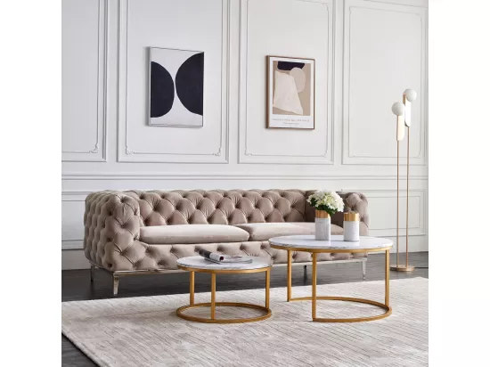 Lot de 2 Tables Basses gigognes - Marbre Blanc avec Structure en métal Dore - Table d'appoint Ronde - Table de salon Moderne, Tables de salon pour salon, Chambre à Coucher, Balcon