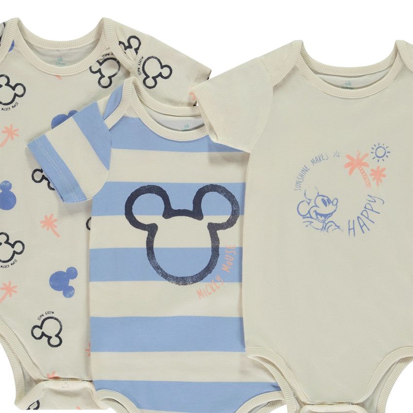 Lot de 3 bodies manches courtes Mickey Disney pour bébé garçon avec ouvertures différentes selon l'âge - Ecru
