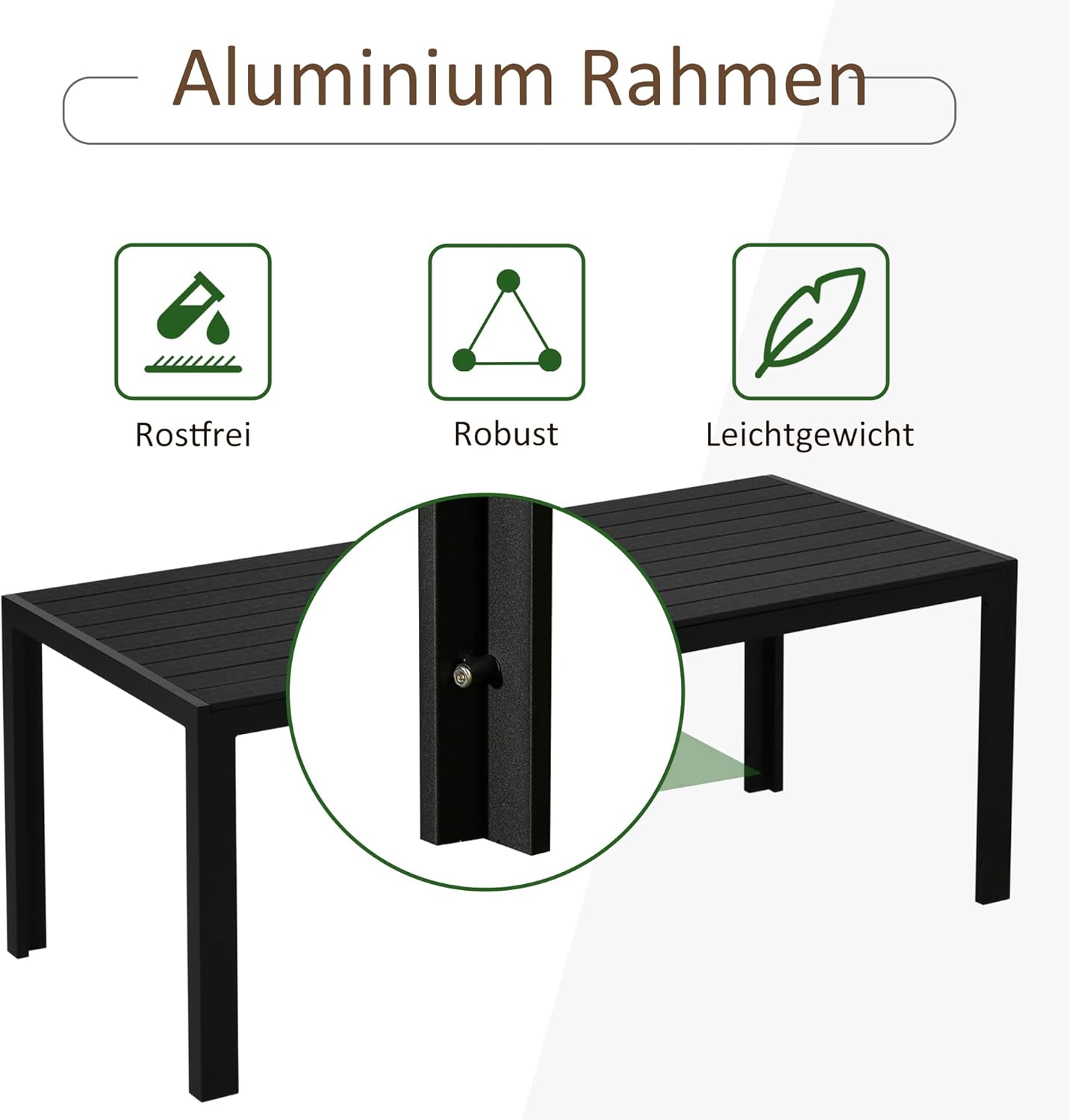 Outsunny Gartentisch, Garten Esstisch, Terrassentisch, Partytisch, Balkontisch aus Alu, Polyholz, Schwarz, 190 x 84,5 x 72 cm