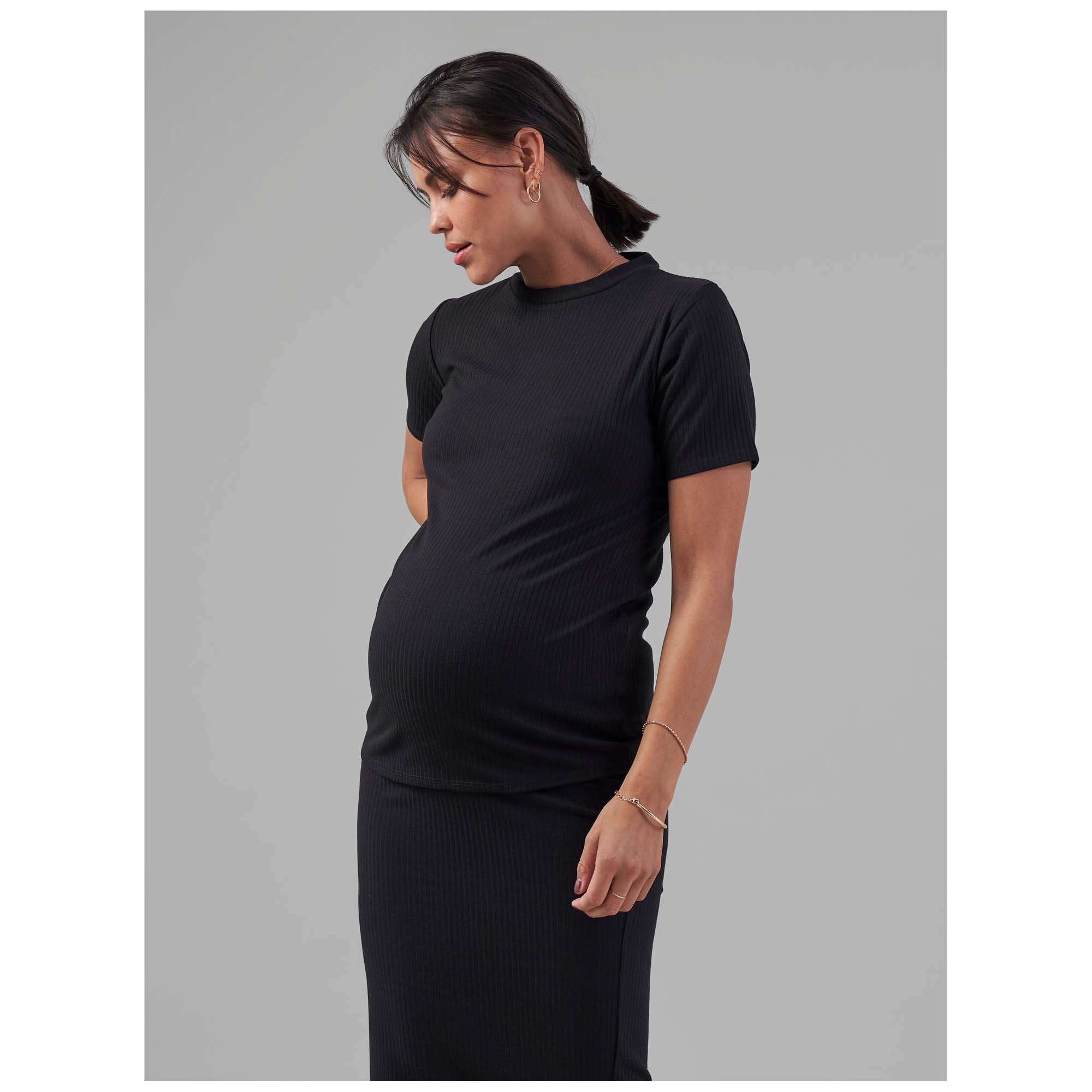 Prénatal zwangerschaps T-shirt rib korte mouwen effen zwart