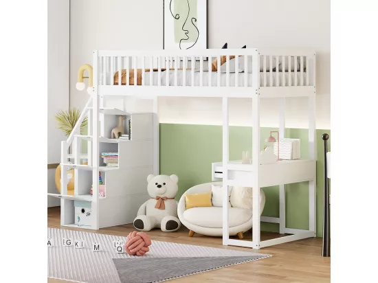 Lit mezzanine 90x200cm en bois - avec table et escalier de rangement - Blanc