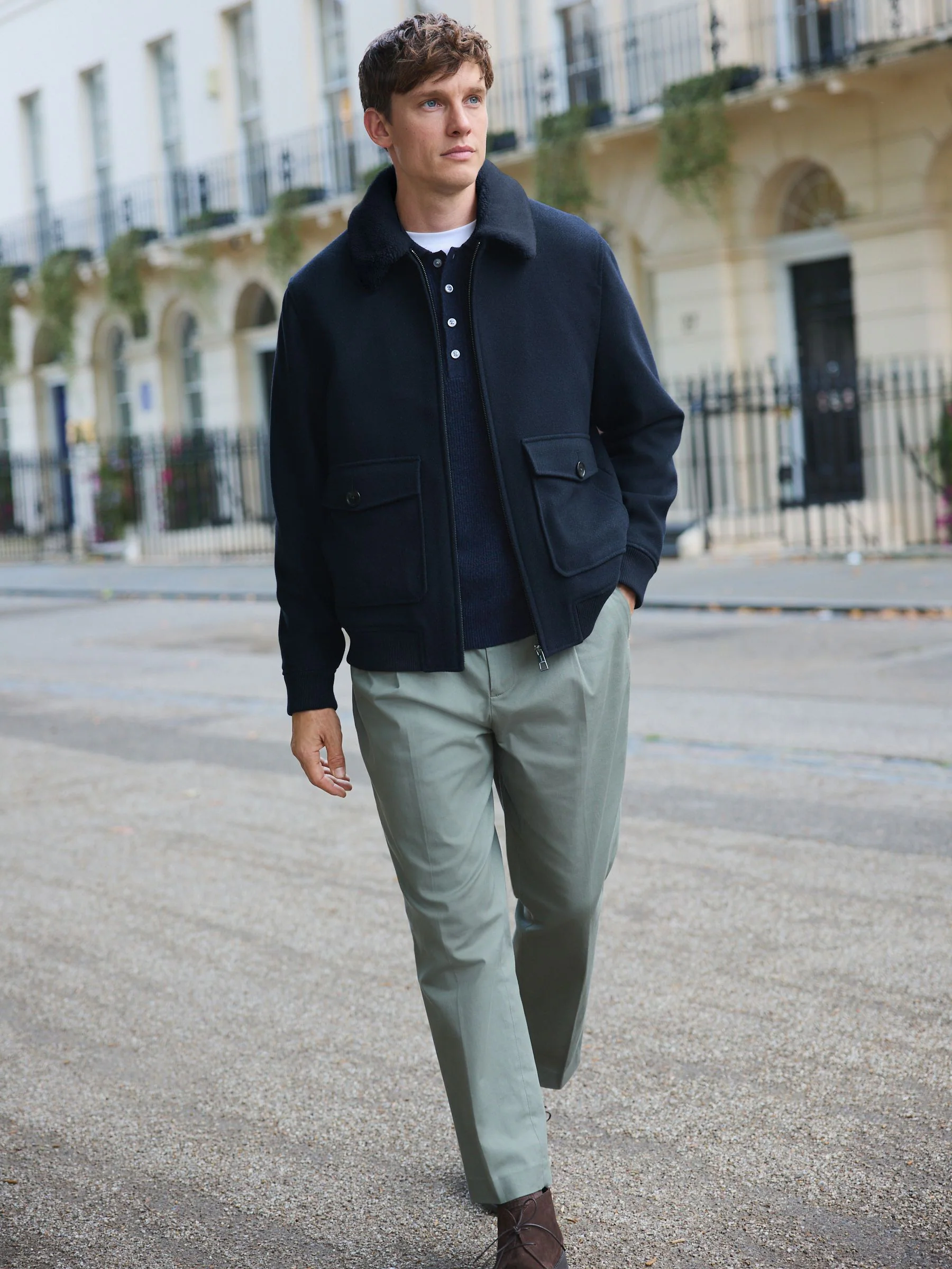 Marineblauw - Twill Wool Blend Borg Collar Jacket