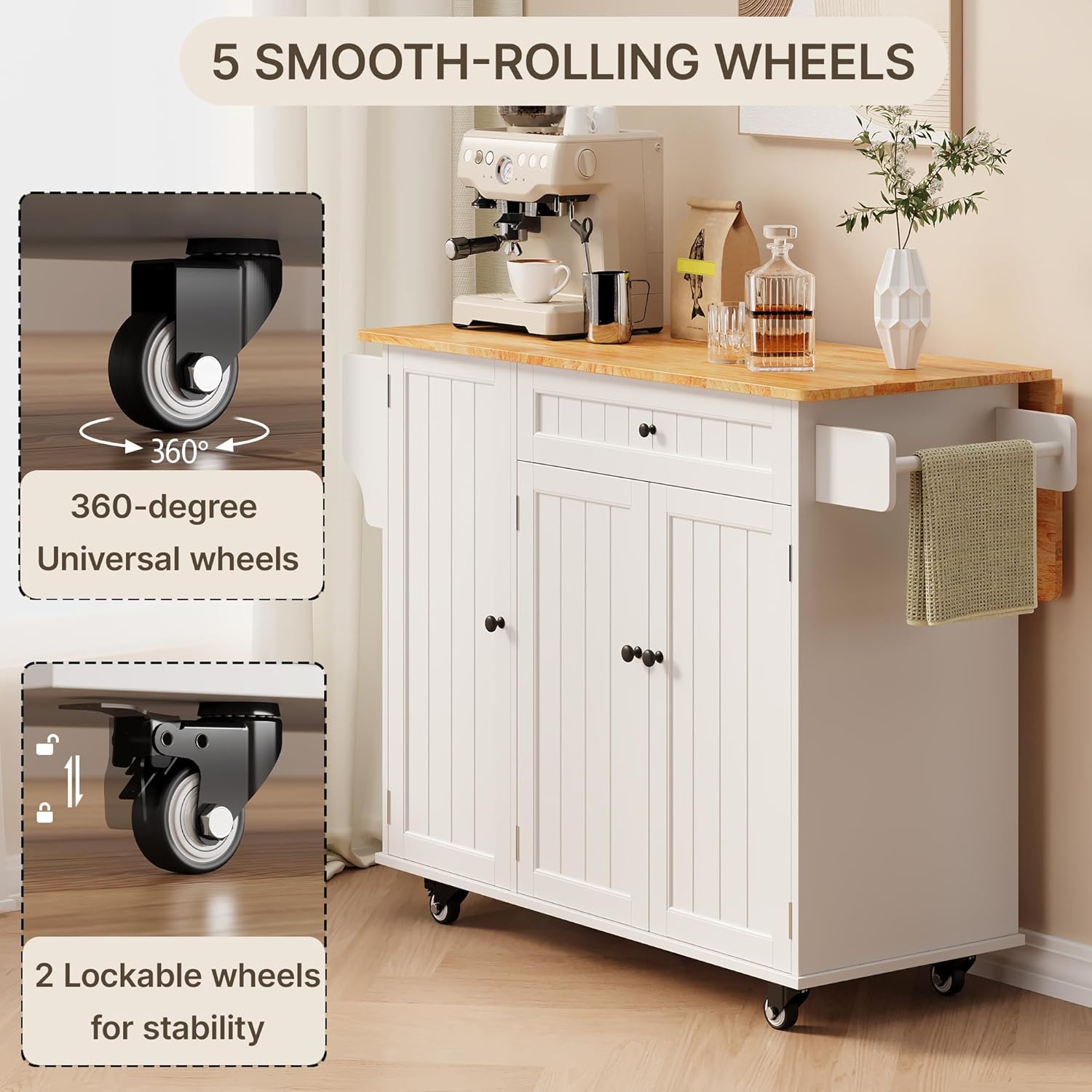 Xbro Kücheninsel auf Rollen, Küchenwagen auf 5 Rädern mit Ablage und 1 Schublade, für Küche und Esszimmer, 130 × 75 × 88 cm, Weiß
