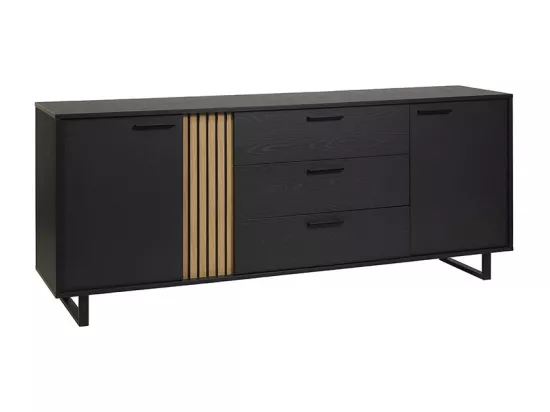 Buffet design 220cm avec 2 portes et 3 tiroirs pour salon couleur noir et chêne collection LOFT pieds en métal
