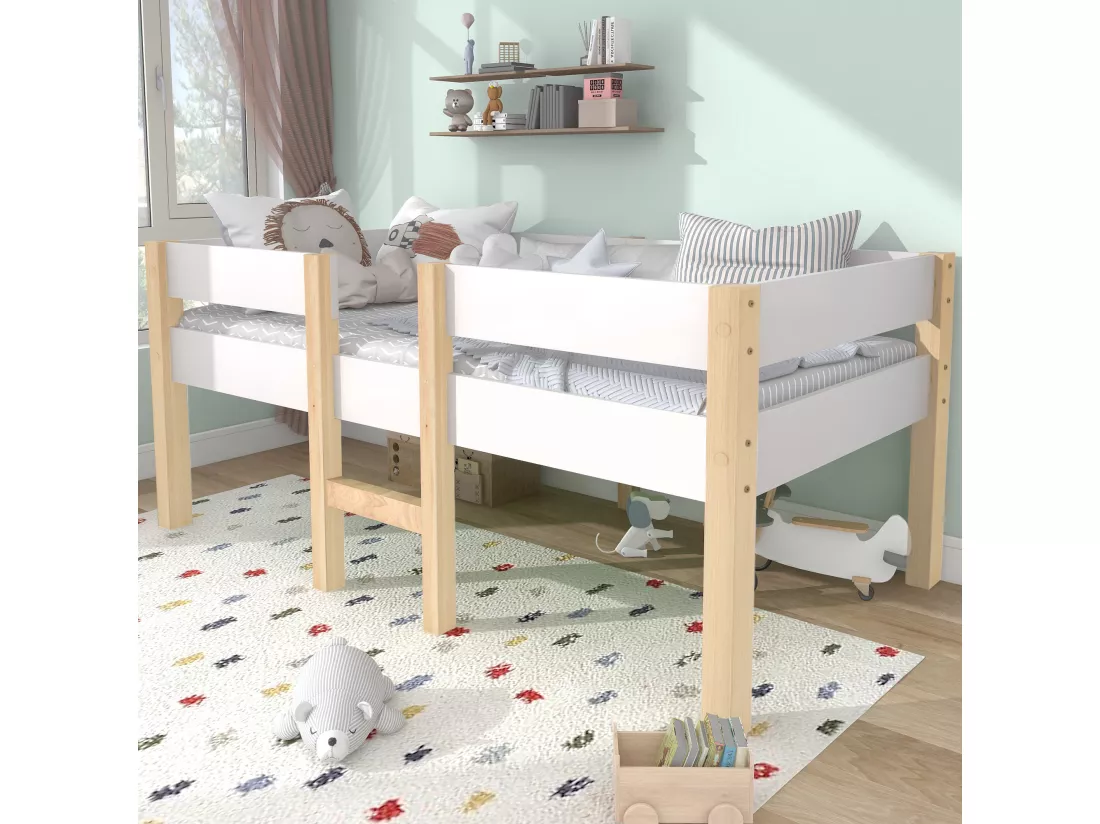 Lit d'enfant avec protection contre les chutes, pin massif-90x190 cm-blanc & chêne