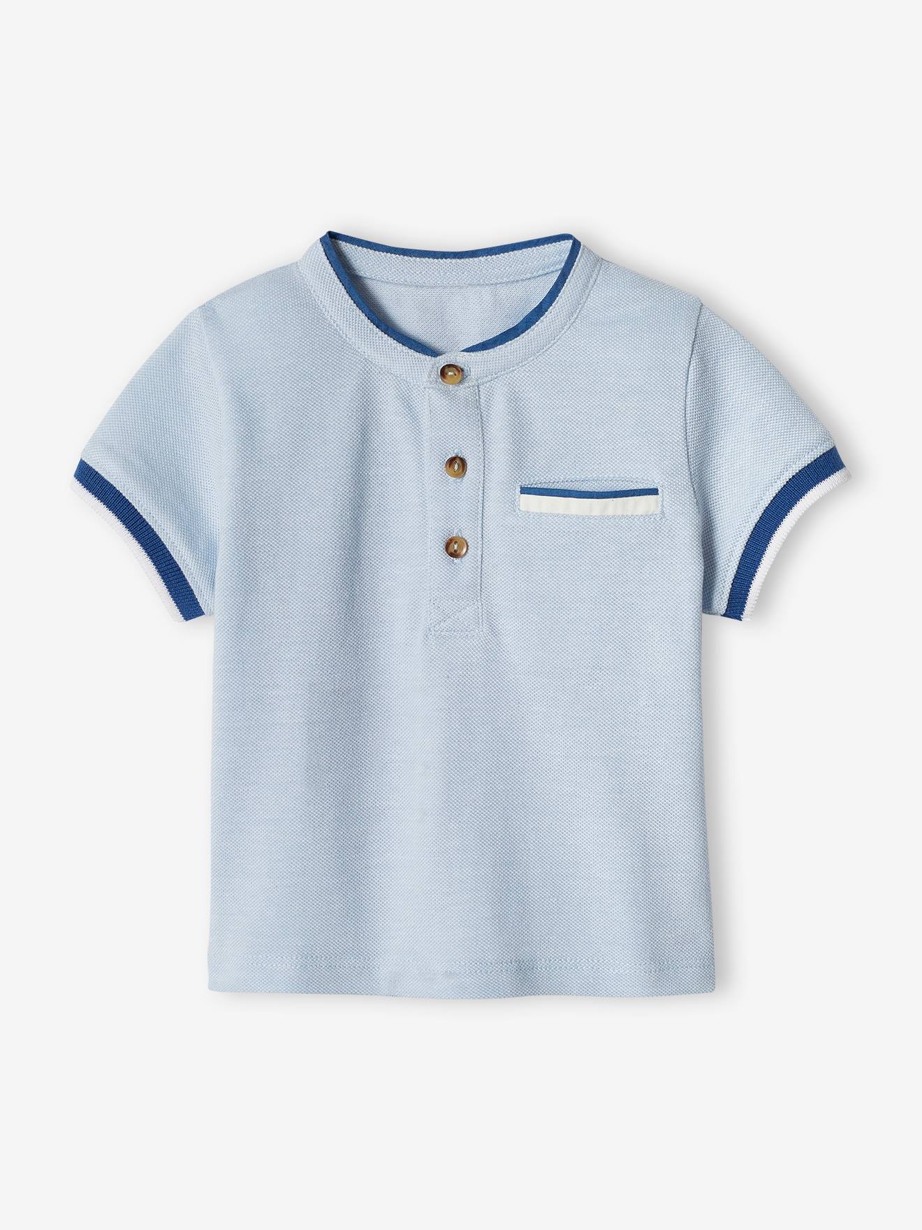 Camisa polo azul-clara em malha piqué para bebê