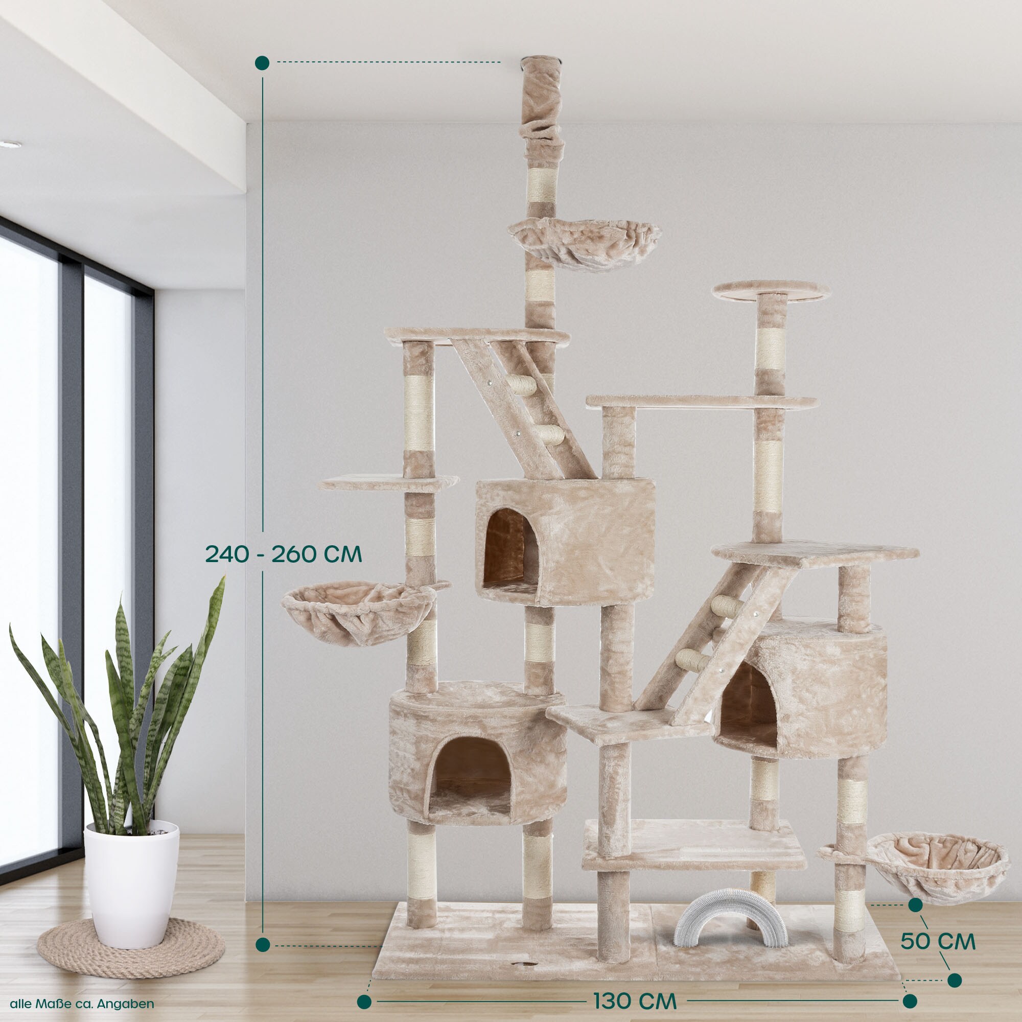 HAPPYPET Kratzbaum deckenhoch 260 cm hoch, Kletterbaum SAM – Großer XXL Katzenbaum Stabil für mehrere Katzen, stabile 8 cm Säulen, Liegemulden, Häuser, mit Zubehör | Beige 260 cm