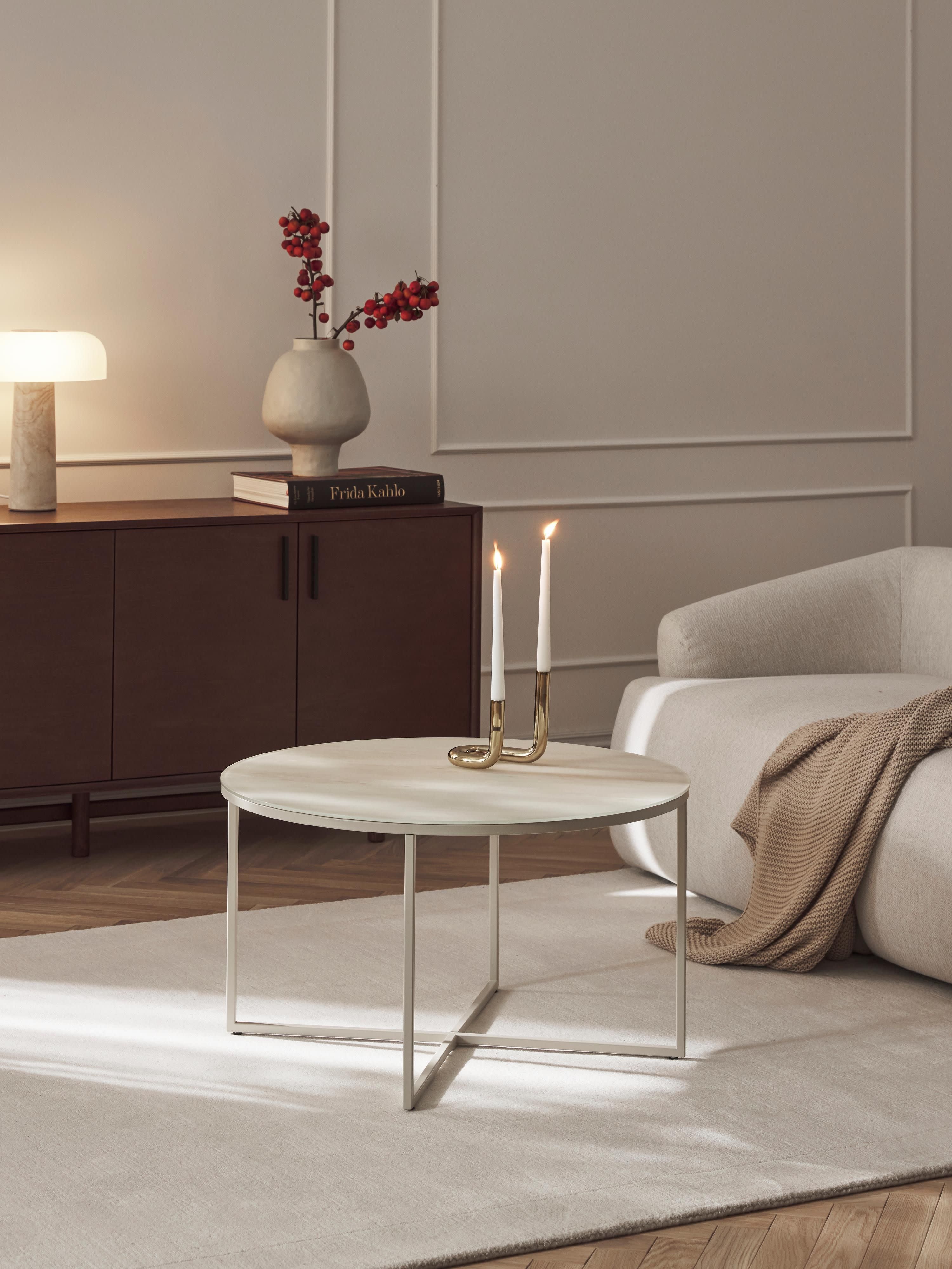 Ronde salontafel Antigua met glazen tafelblad met travertijn look
