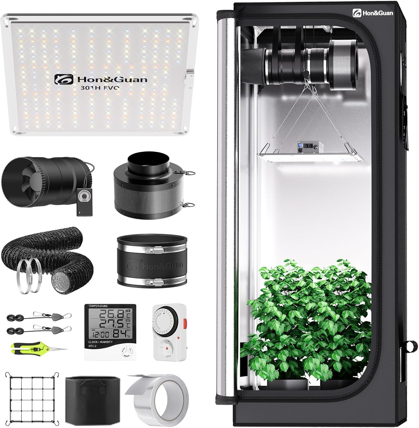 Hon&Guan Growzelt Komplettset mit HG1000 LED Grow Lampe 60x60x160cm Grow Tent 150mm Rohrventilator Aktivkohlefilter Belüftungssystem, Grow Zelt Komplettset Hydroponics Indoor Grow Set