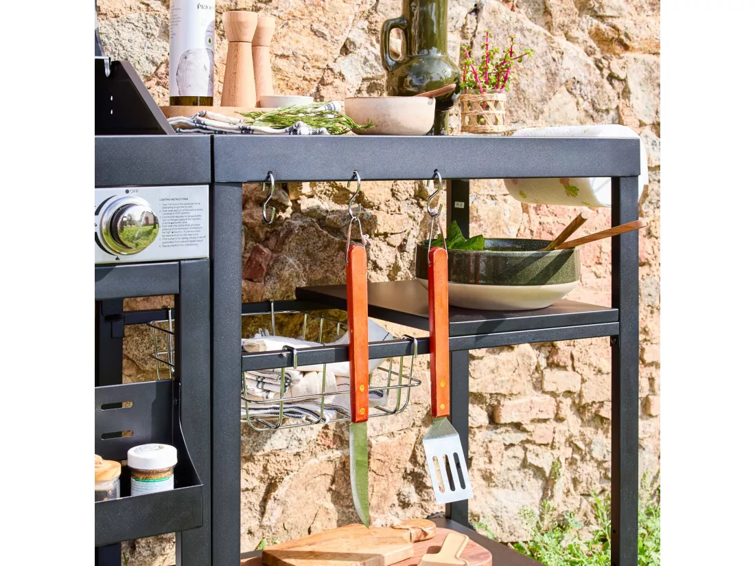 Barbecue 4 brûleurs. cuisine d'extérieure DANGLARS. Acier noir. L 223.5 x P 60.5 x H 142 cm