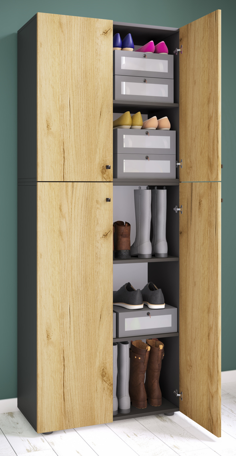 Schuhschrank LONA XXL - anthrazit-Honig-Eiche - 5 Einlegeböden - 182 cm