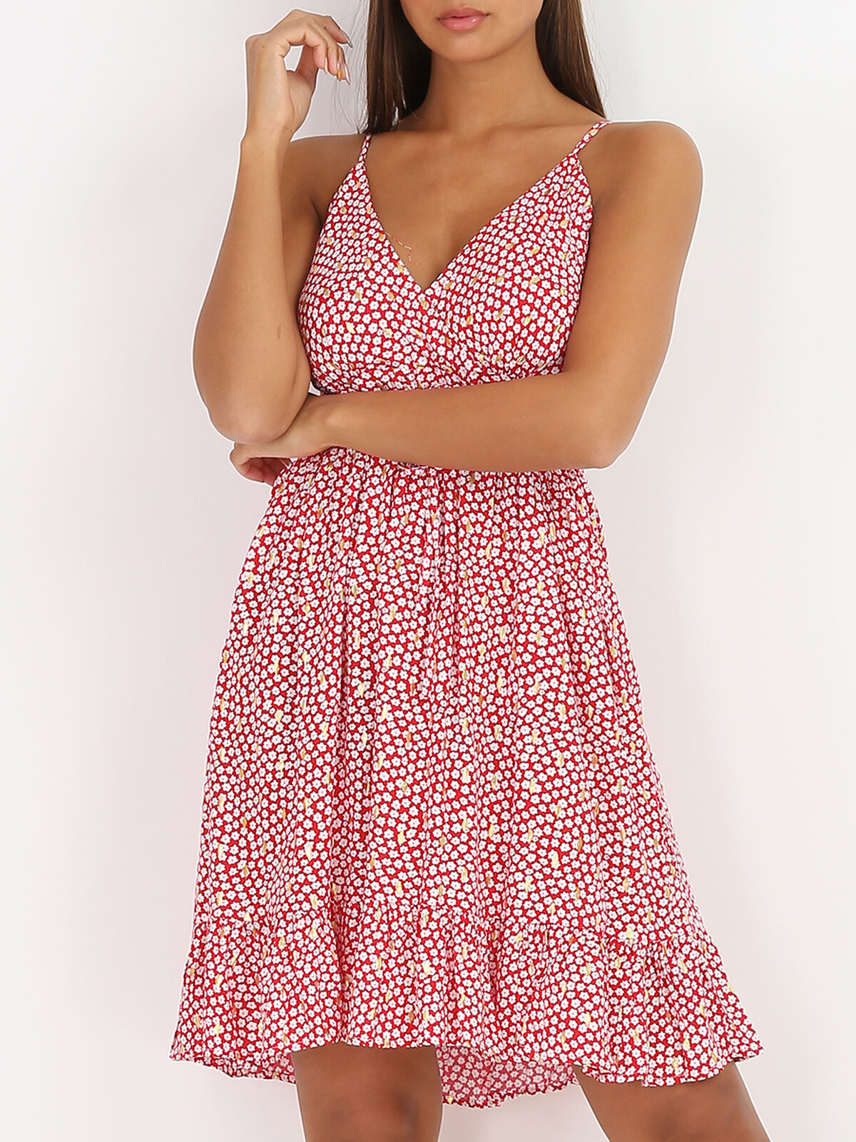 Robe courte cache-cœur à fleurs- Rouge