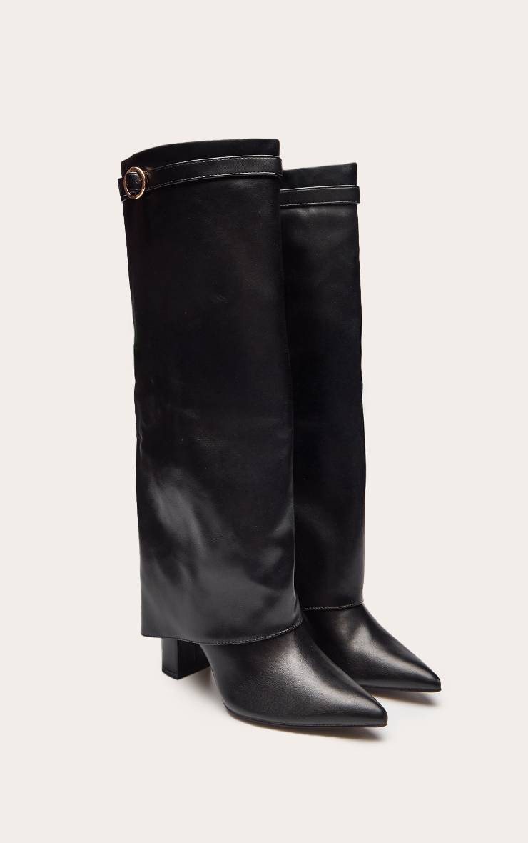 Noir Botte À Talon Bloc En Synthétiquecuir Avec Revers Et Boucle