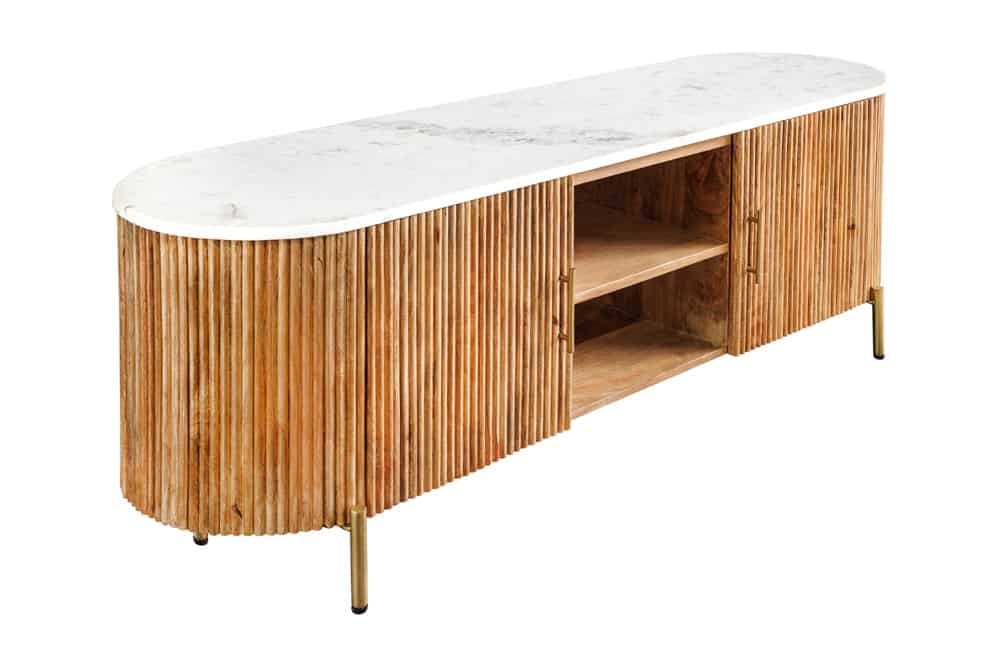 Massives TV-Board TRES CHIC 140cm natur Mangoholz weiß Marmor mit viel Stauraum