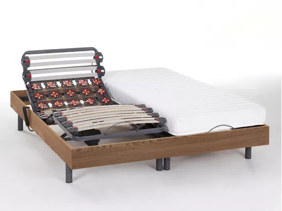 Lit électrique de relaxation lattes et plots + matelas accueil latex - 2 x 80 x 200 cm - Chêne - PANDORA II de YSMÉE