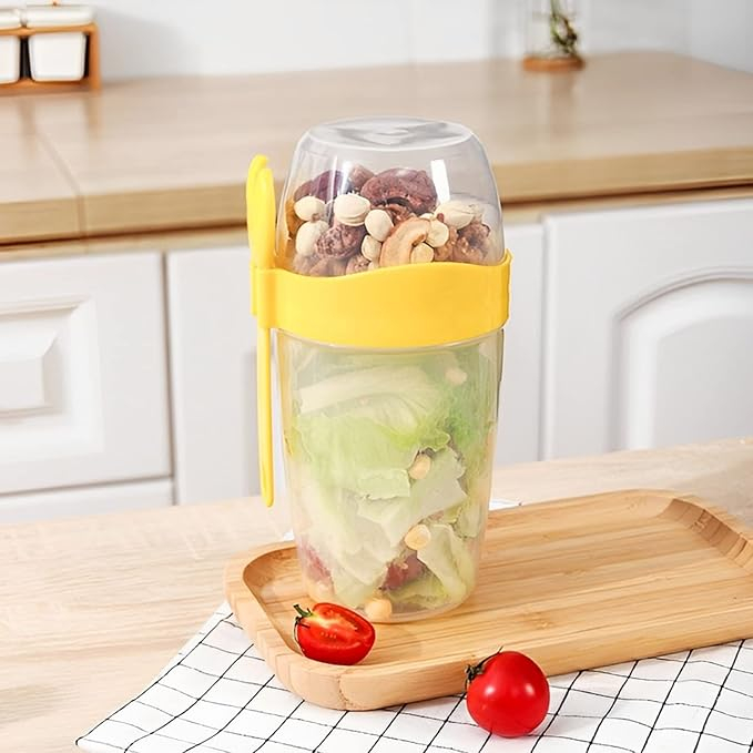 (3-tlg. Set) 870ml Lunch Box mit Saucen Behälter inkl. Gabel für Müsli / Salat / Joghurt - Grau / Transparent