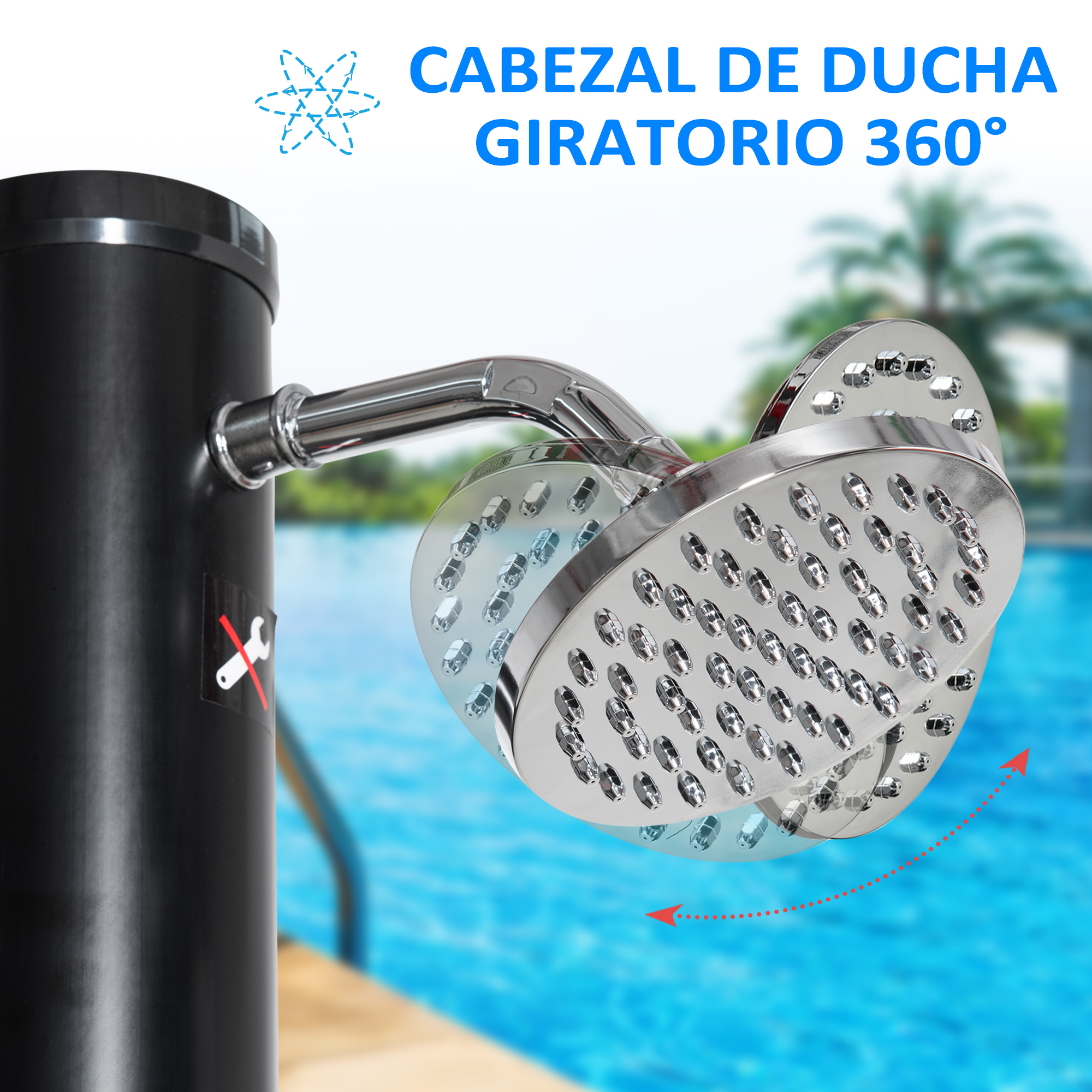 Chuveiro solar Outsunny de 20 litros para uso externo, chuveiro para piscina com ducha higiênica, torneira e regulador de água quente (máx. 60 °C), conexão para mangueira de jardim para pátio, praia, Ø11 x 217 cm, preto