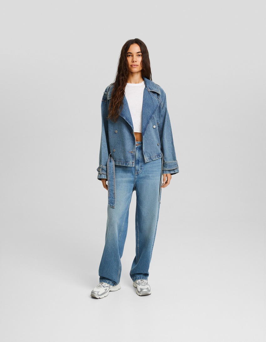 Jaqueta trench coat jeans cropped