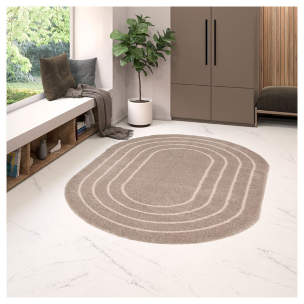 Tapis ovale en matière douce recyclée - masha - taupe et beige - 160 x 230 cm