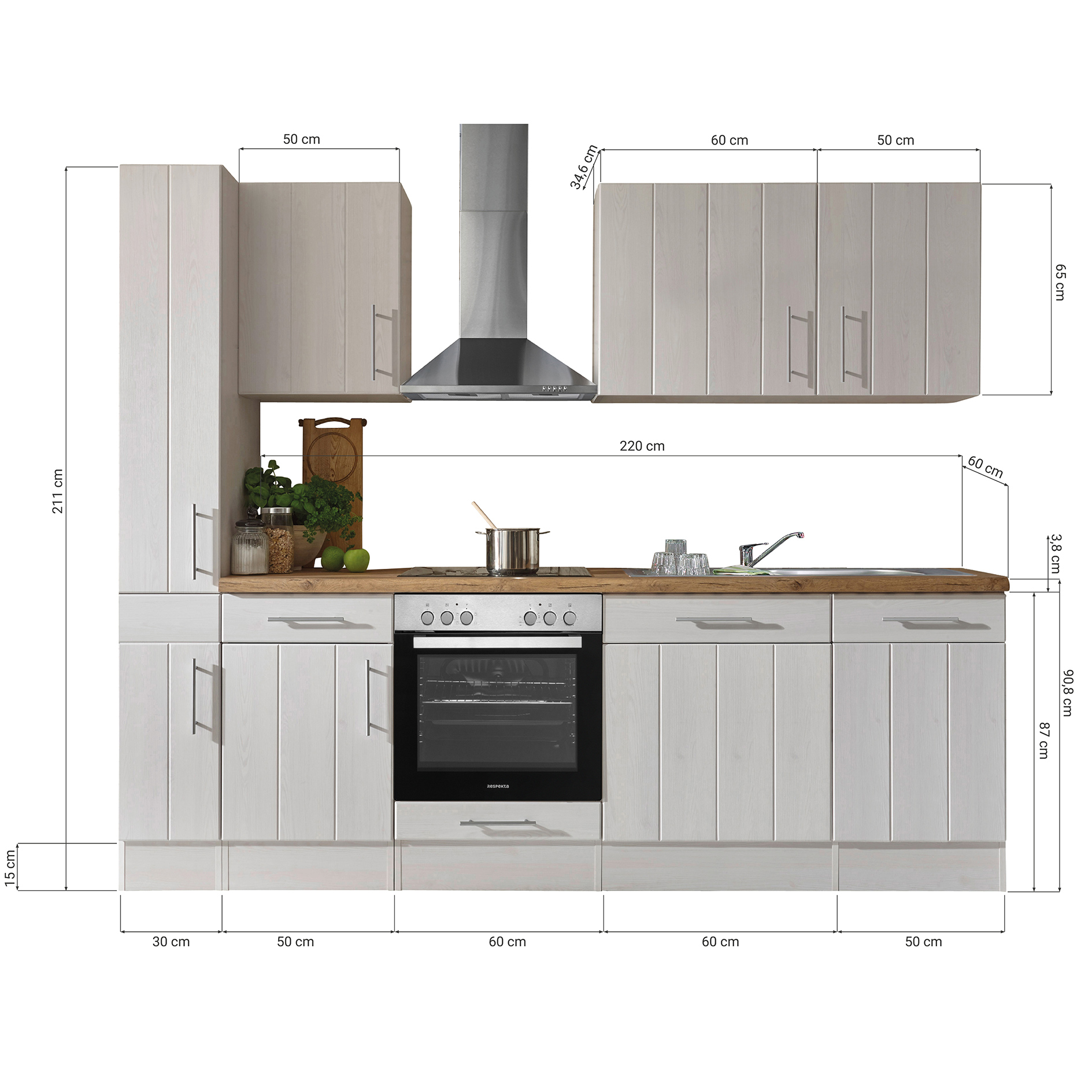 RESPEKTA Küchenblock ANTON - Lärche weiß - mit E-Geräten - 250 cm