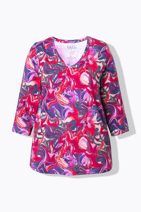 Longshirt, A-Linie, V-Ausschnitt, 3/4-Arm, rubin