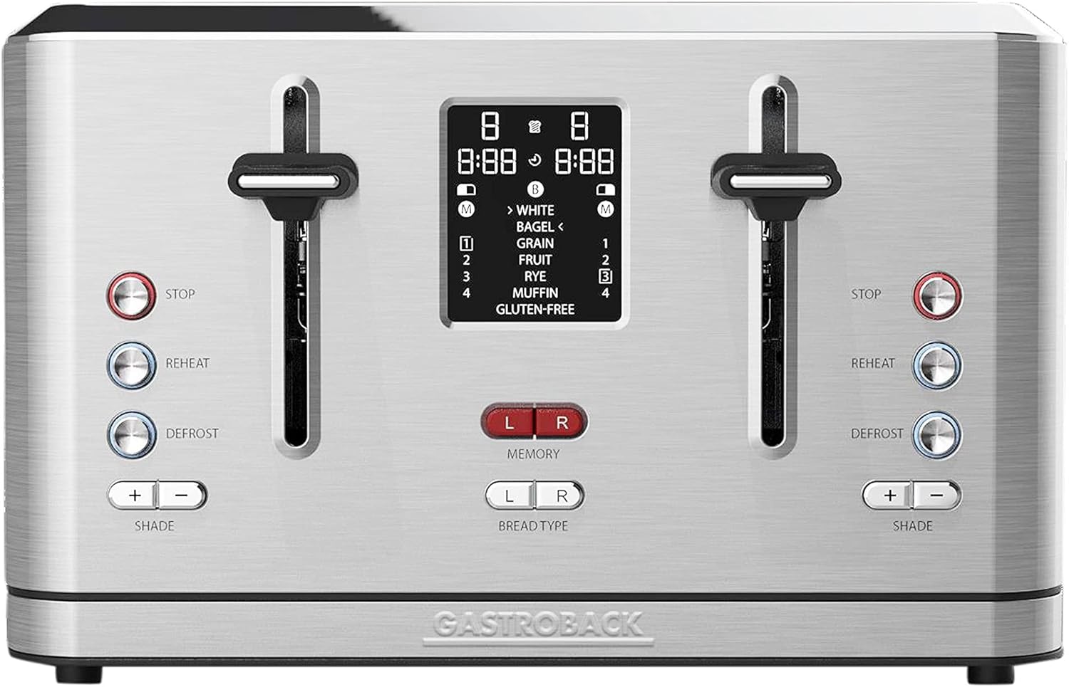 GASTROBACK #42396 Design Toaster Digital 4S, 4-Scheiben, intergrierter Brötchenaufsatz, 7 Toastprogramme, LCD-Countdown-Anzeige, 950 Watt, Edelstahlgehäuse, Silber