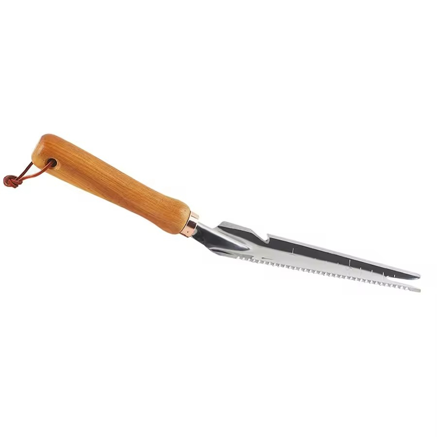 (34cm) 3in1 Edelstahl Hand Schaufel Garten Werkzeug Unkraut Stecher Wurzel Säge mit Holz Griff - Braun / Silber