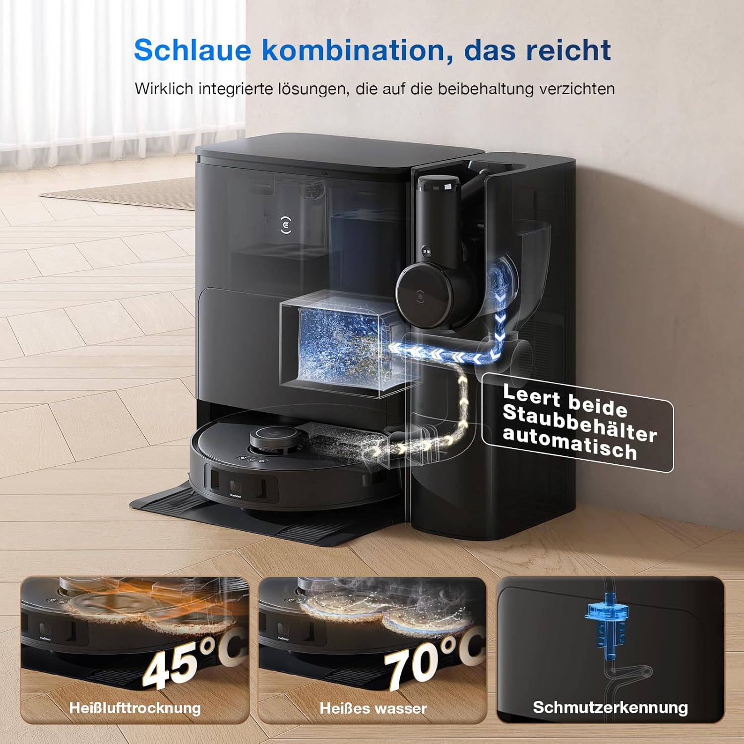 ECOVACS DEEBOT T30S Combo Complete Saugroboter mit Wischfunktion Akku-Staubsauger, All-in-One Reinigungsstation,11000Pa, ZeroTangle Technologie, TruEdge™ Kantenreinigung, Heißwasser-Mopp-Waschen