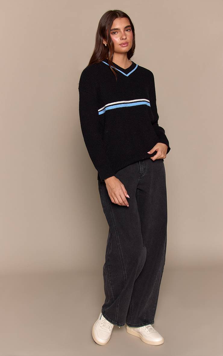 Noir Synthétiquell Sportif Col V À Rayures