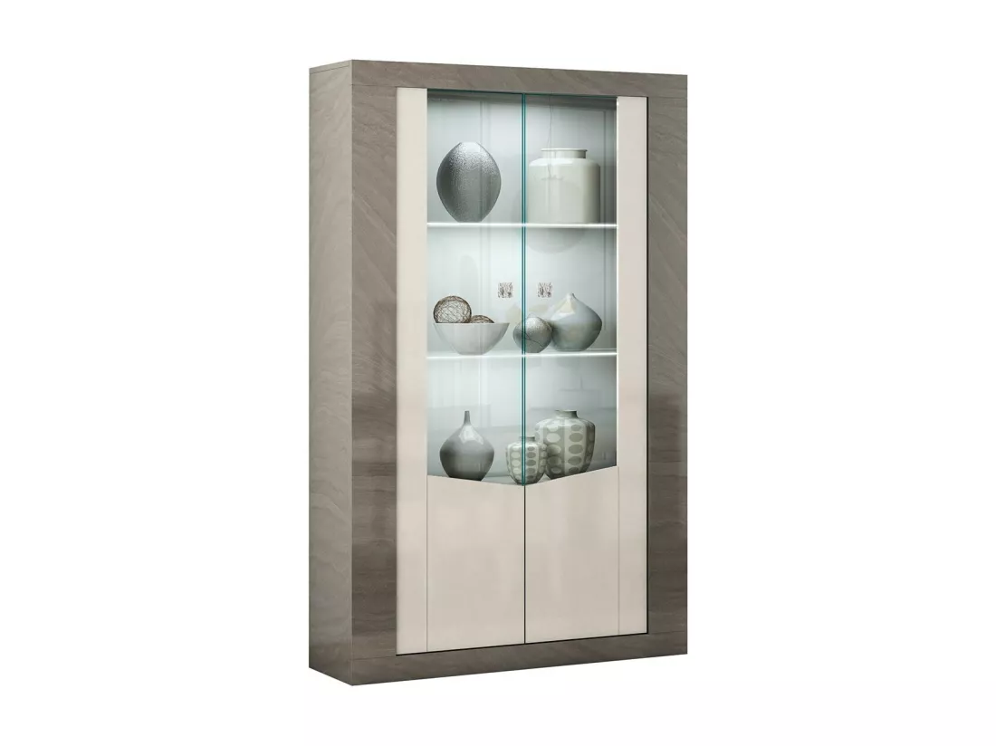 GONDOR - Vitrine 2 Portes Décor Bois Gris Veiné et Beige avec Leds