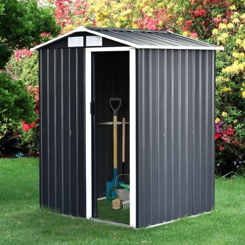 Casinha de jardim metálica Outsunny para armazenamento, cinza e branca.