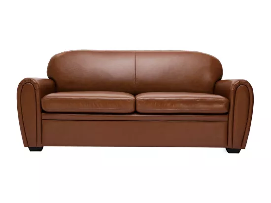 Canapé convertible vintage 3 places cuir marron et bois noir avec matelas 9 cm CLUB