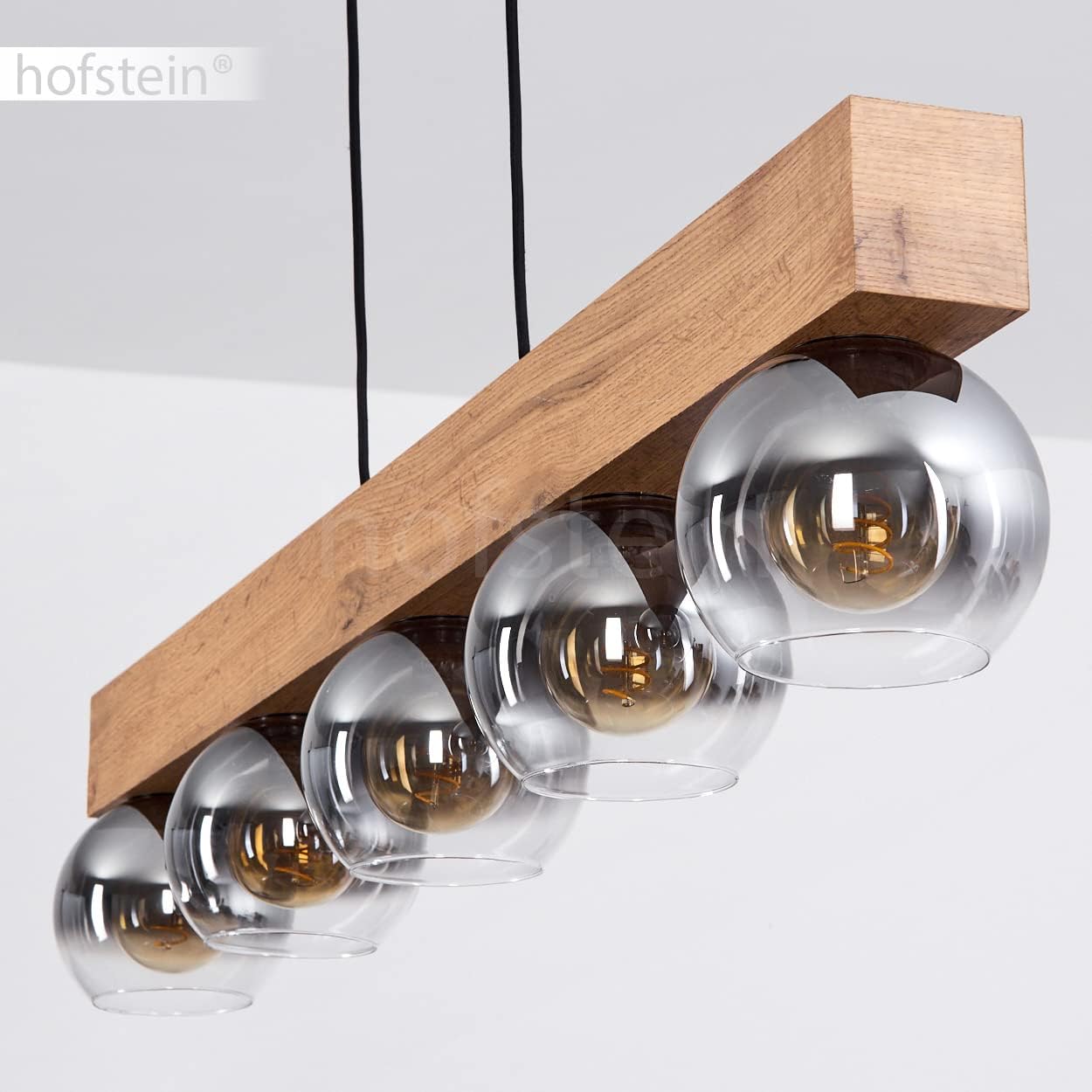 Pendelleuchte Vouhet, moderne Pendellampe aus Metall/MDF/Glas in Schwarz/Holzoptik/Braun/Chromfarben, Leuchte mit Höhe max. 122,5 cm, 5-flammig, 5 x E27, ohne Leuchtmittel